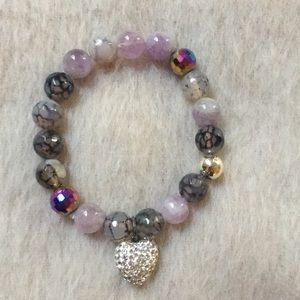 Bracelet purple stones and crystal heart stretchy
